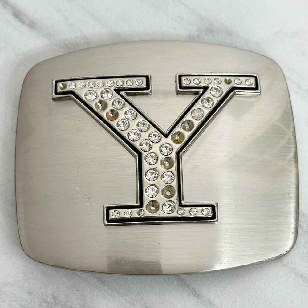 Rhinestone Studded Y Letter Initial Monogram Silver Tone Belt Buckle